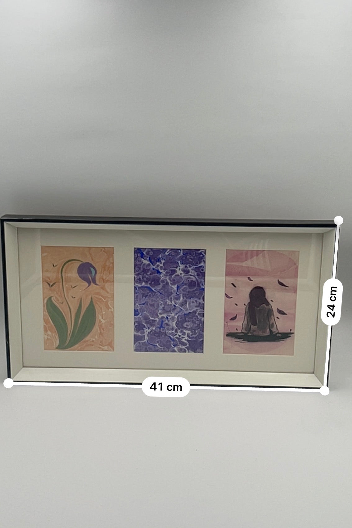 Triptyque Ebru, 3 tableaux fait main dans un cadre panoramique