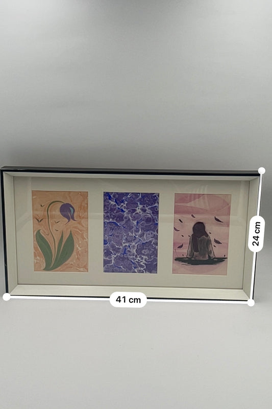 Triptyque Ebru, 3 tableaux fait main dans un cadre panoramique
