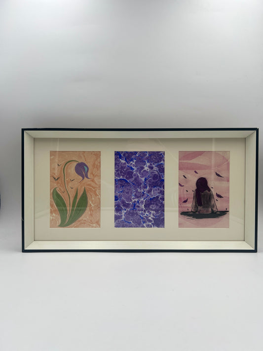 Triptyque Ebru, 3 tableaux fait main dans un cadre panoramique